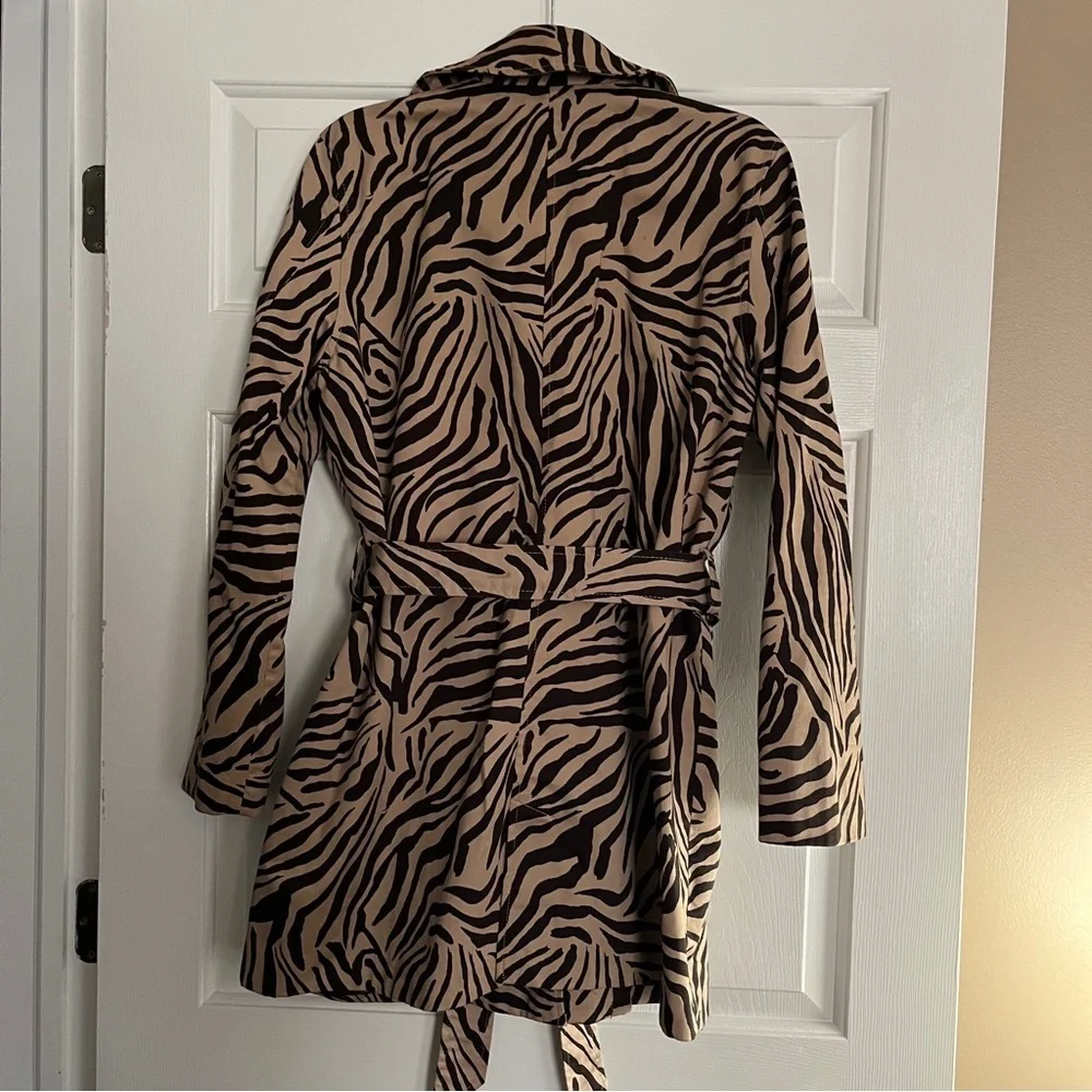 Vintage Chaps Black Tan Animal Zebra Print Trench Coat - Picture 11 of 14